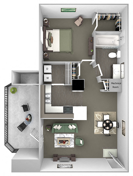 Floor plan for 1 bed, 1 bath, 740 sqft